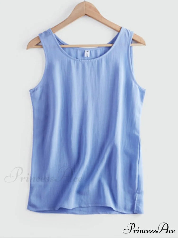 Cotton Linen Sleeveless Tops Blue / S