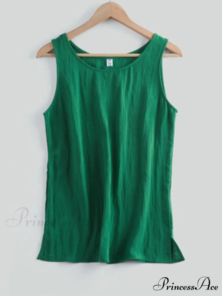 Cotton Linen Sleeveless Tops Dark Green / S