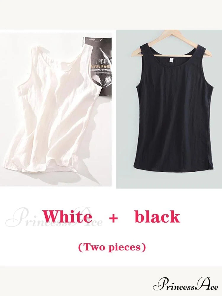 Cotton Linen Sleeveless Tops white and black / S