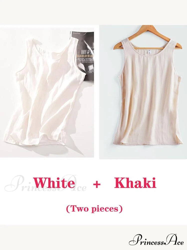 Cotton Linen Sleeveless Tops white and Khaki / S