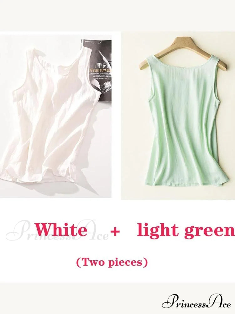 Cotton Linen Sleeveless Tops white and lightgreen / S