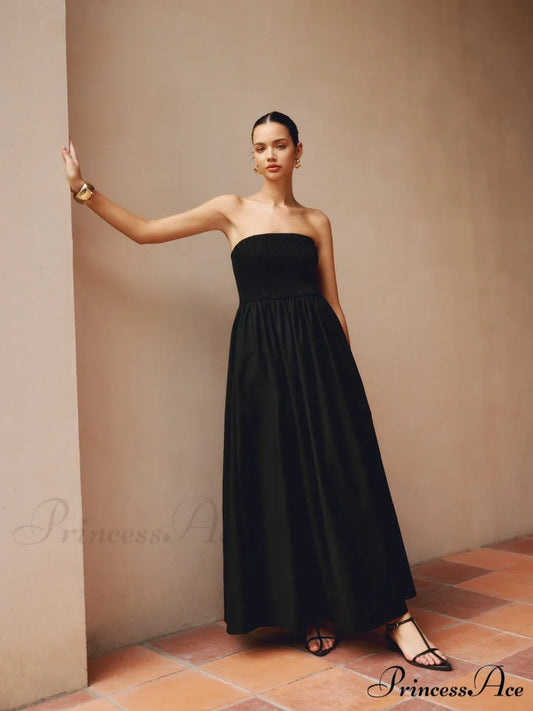 Cotton & Linen Trendy Pleat Strapless Long Dress Black / XS
