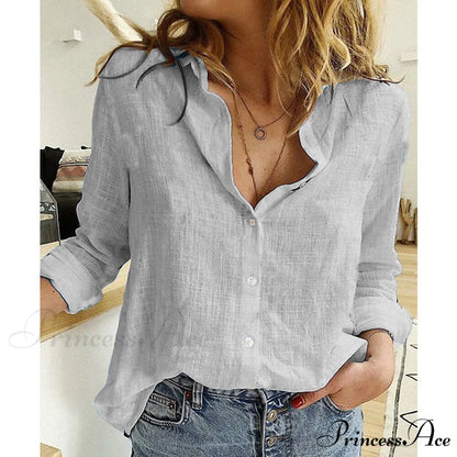 Cotton Linen Vintage Flower Print Blouse gray / S