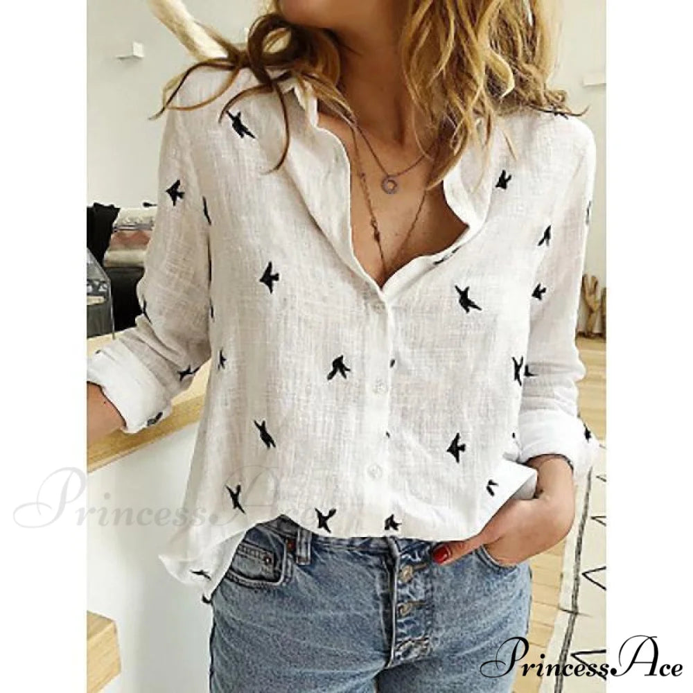 Cotton Linen Vintage Flower Print Blouse white print / S