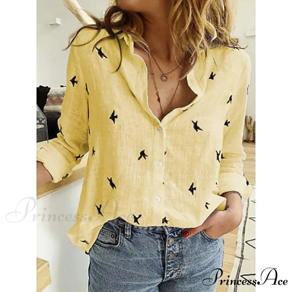 Cotton Linen Vintage Flower Print Blouse yellow print / S