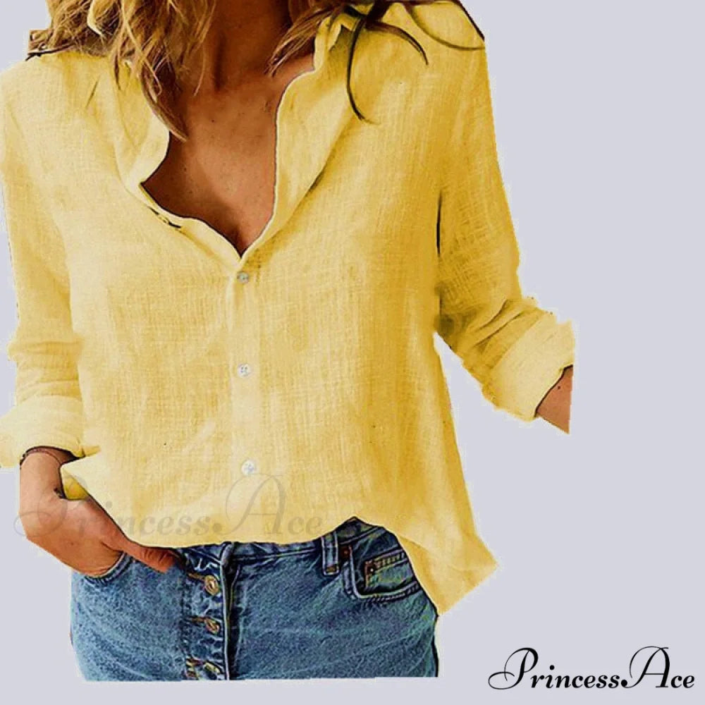 Cotton Linen Vintage Flower Print Blouse yellow / S