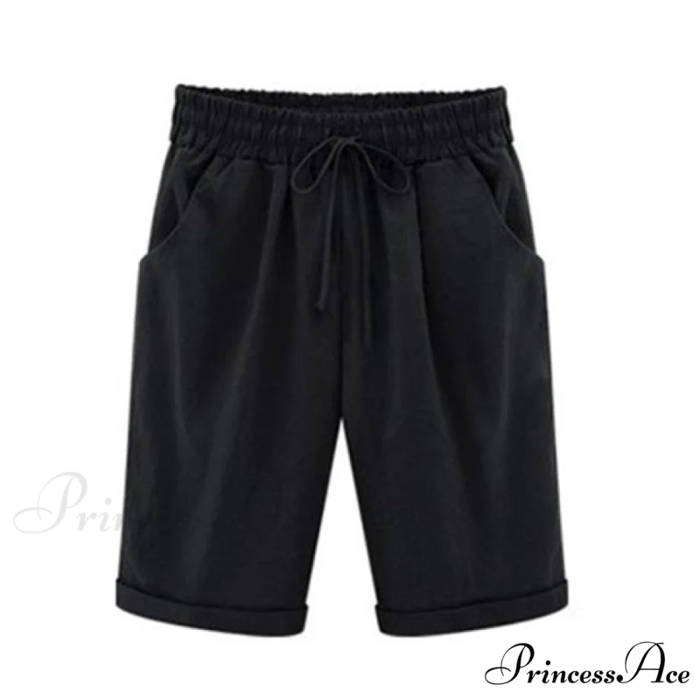 Cotton Pants Ladies Drawstring Elastic Loose Shorts black / M