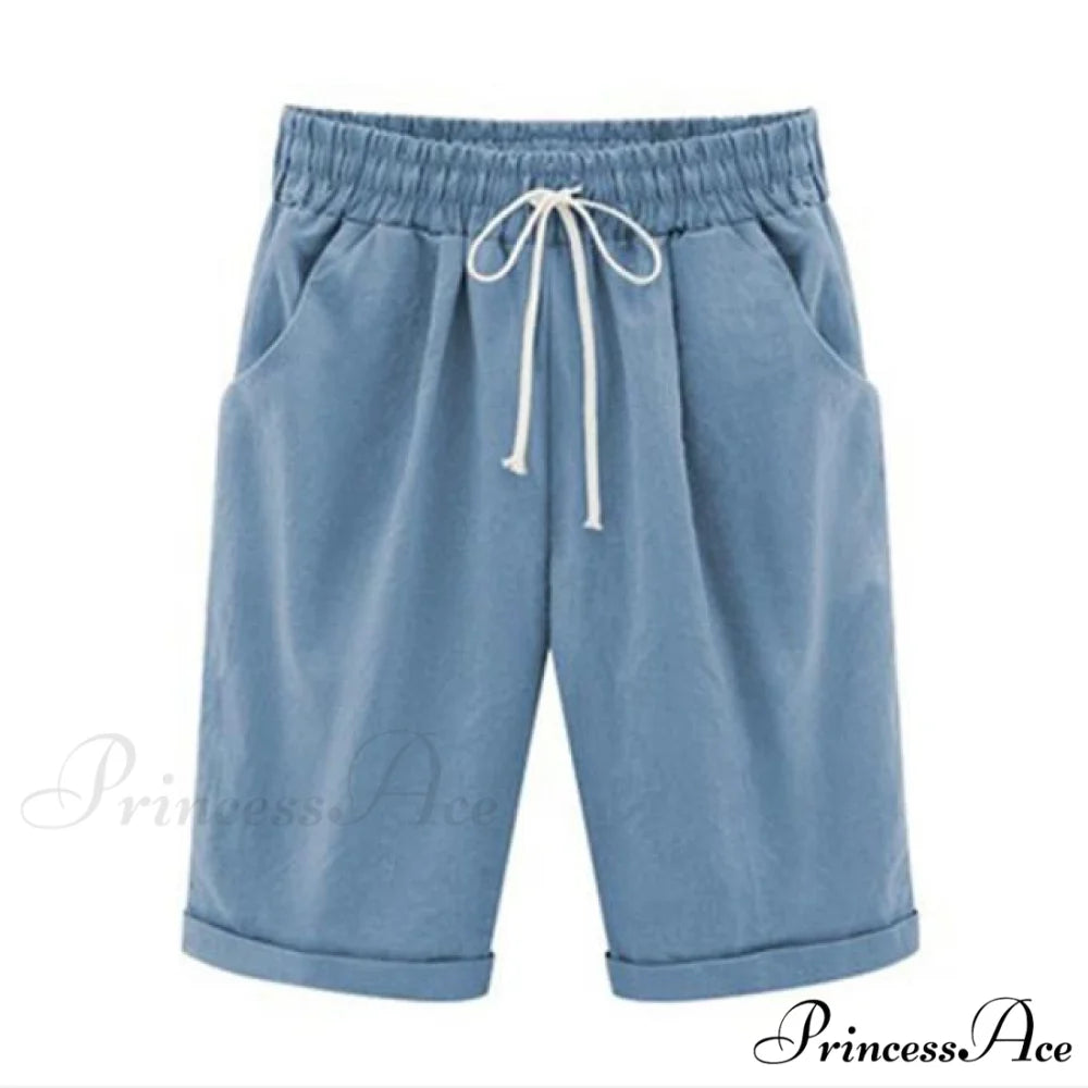 Cotton Pants Ladies Drawstring Elastic Loose Shorts light blue / M