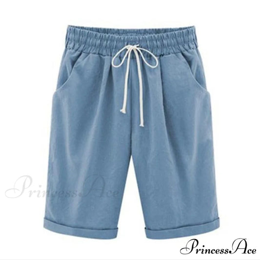 Cotton Pants Ladies Drawstring Elastic Loose Shorts light blue / M