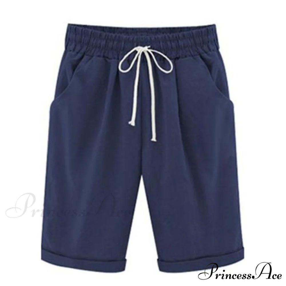 Cotton Pants Ladies Drawstring Elastic Loose Shorts navy / M