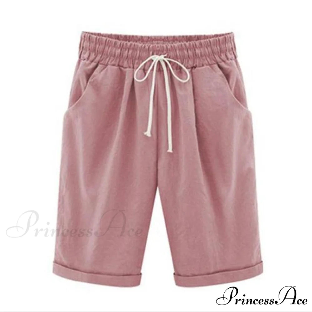 Cotton Pants Ladies Drawstring Elastic Loose Shorts pink / M