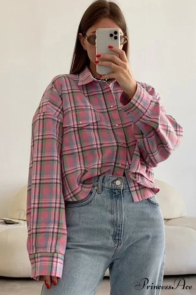 Cotton Plaid Blouse in Pink Pink / L