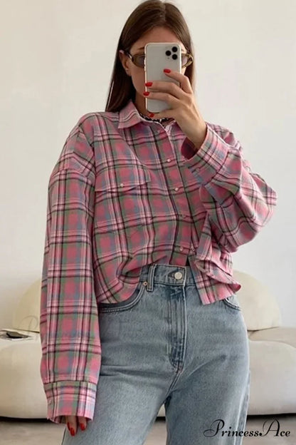Cotton Plaid Blouse in Pink Pink / L