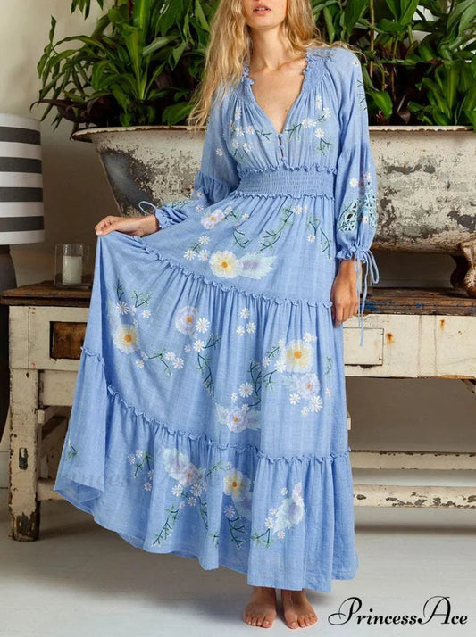 Cotton Rayon Azure Floral Embroidery Bohemian Dress Blue / S bohodress-250126