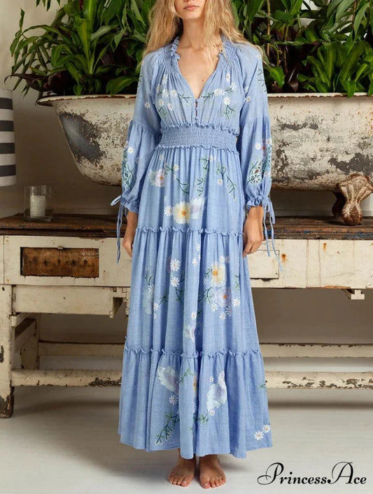 Cotton Rayon Azure Floral Embroidery Bohemian Dress bohodress-250126