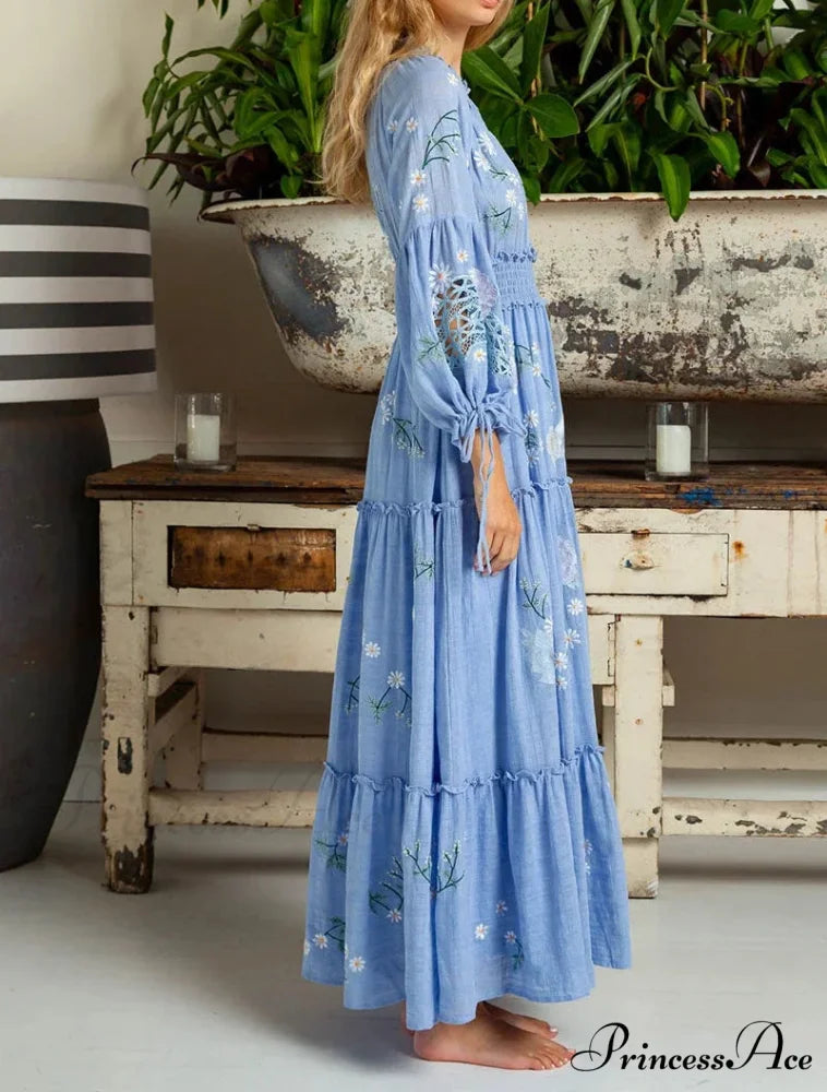 Cotton Rayon Azure Floral Embroidery Bohemian Dress bohodress-250126