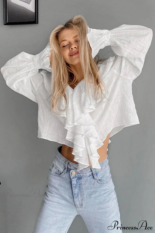Cotton Ruffled V Neck Pullover Blouse