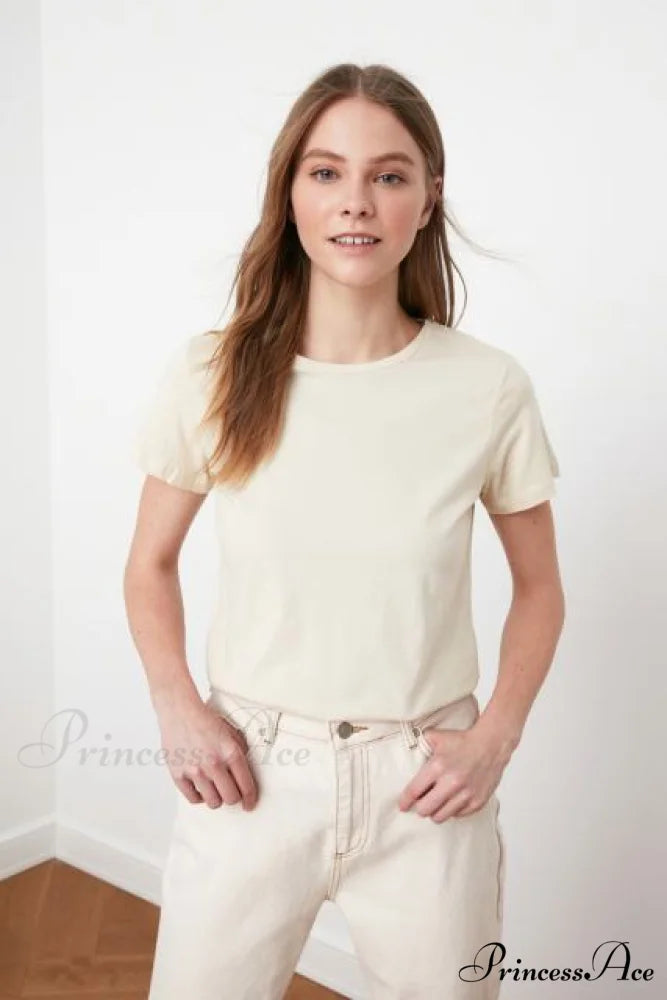 Cotton Single Jersey Cycling Neck Basic Knitted T-Shirt Beige / XS