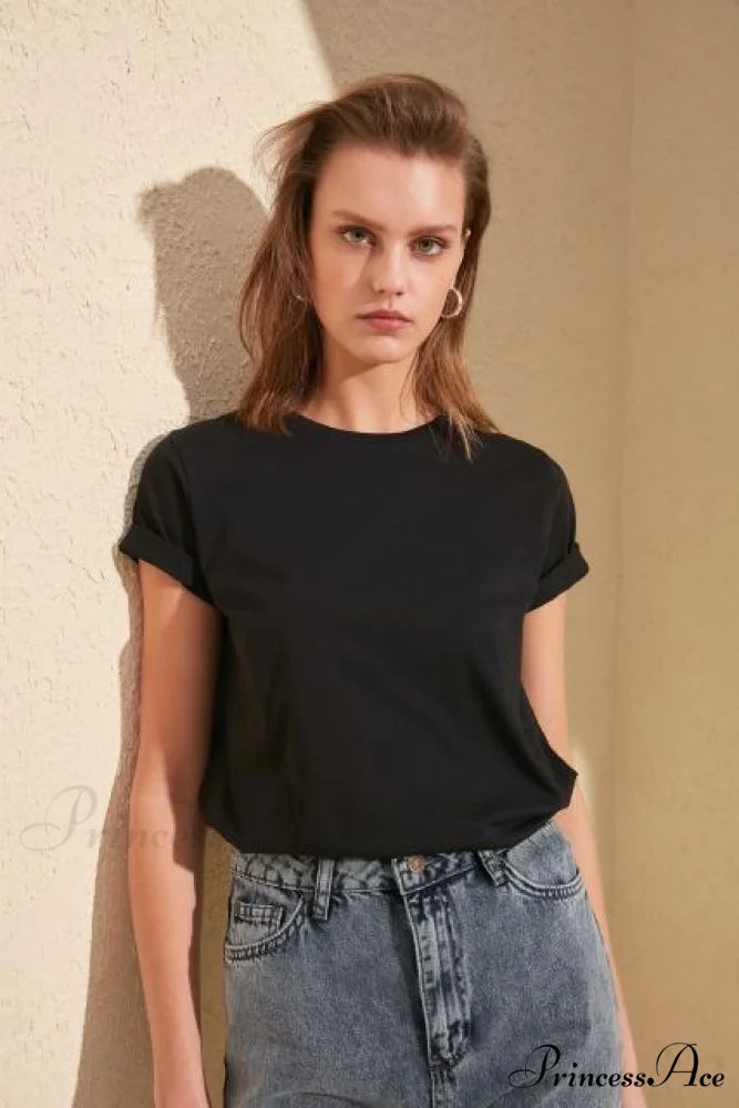 Cotton Single Jersey Cycling Neck Basic Knitted T-Shirt Black / XS