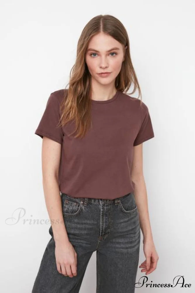 Cotton Single Jersey Cycling Neck Basic Knitted T-Shirt Brown / XS