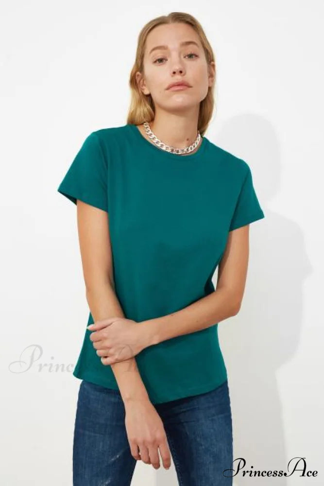 Cotton Single Jersey Cycling Neck Basic Knitted T-Shirt Emerald Green / XS