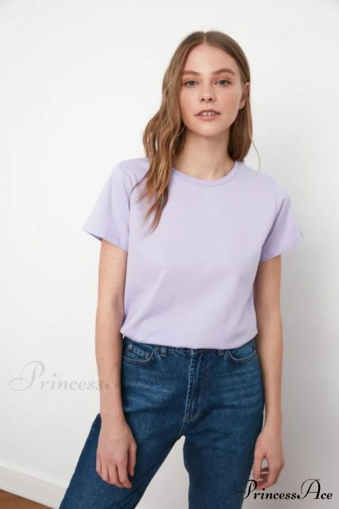 Cotton Single Jersey Cycling Neck Basic Knitted T-Shirt Lilac / XS