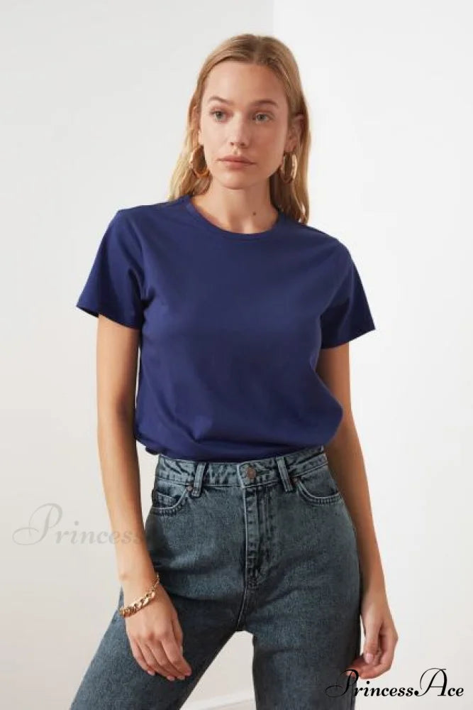 Cotton Single Jersey Cycling Neck Basic Knitted T-Shirt Navy Blue / XS