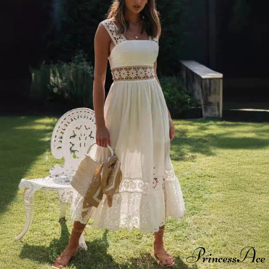 Cotton Sleeveless White Hollow Out Maxi Boho Sundress bohodress-250126