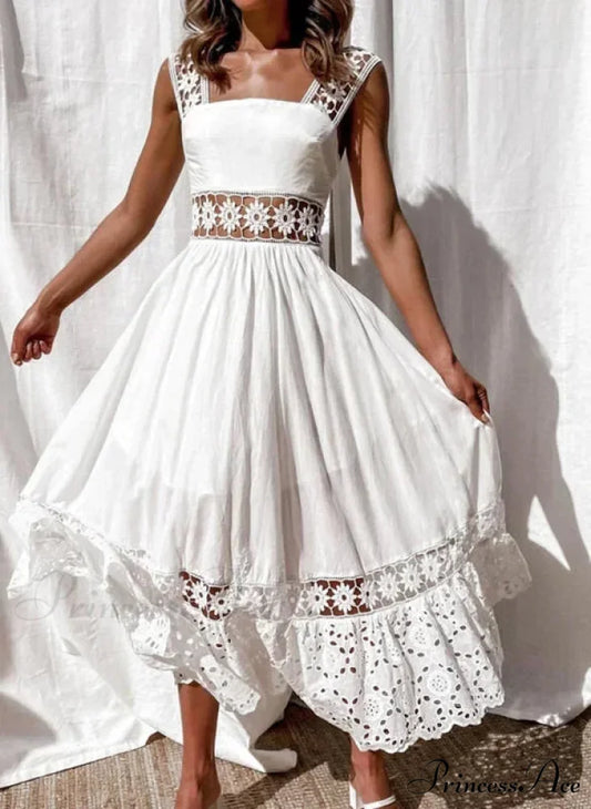 Cotton Sleeveless White Hollow Out Maxi Boho Sundress White / S bohodress-250126