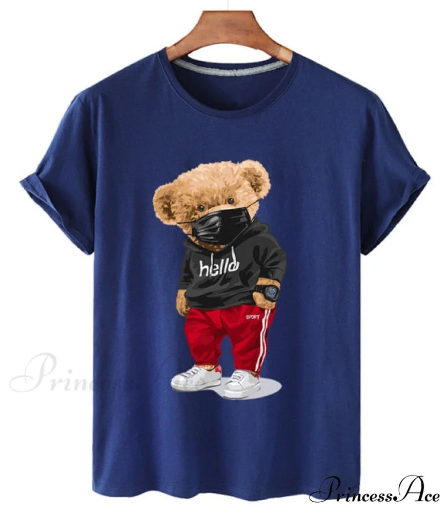 Cotton Sports Mask Bear Print Short-sleeved T-shirt blue / S