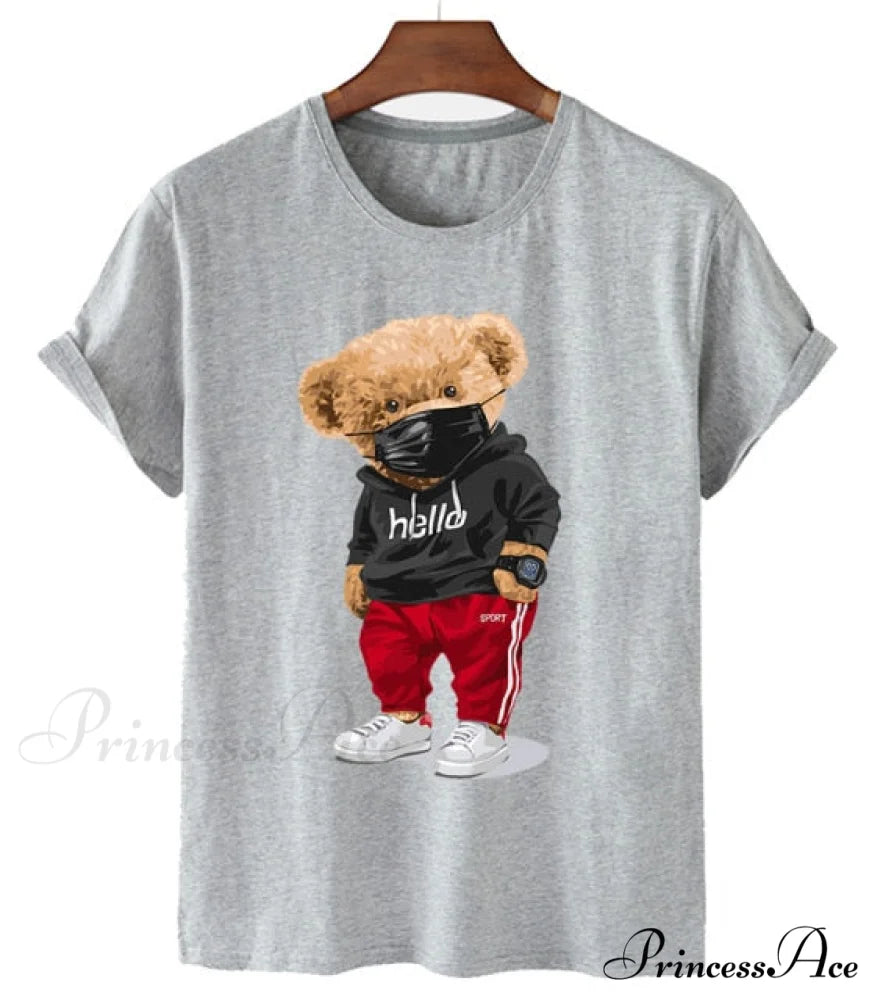 Cotton Sports Mask Bear Print Short-sleeved T-shirt gray / S