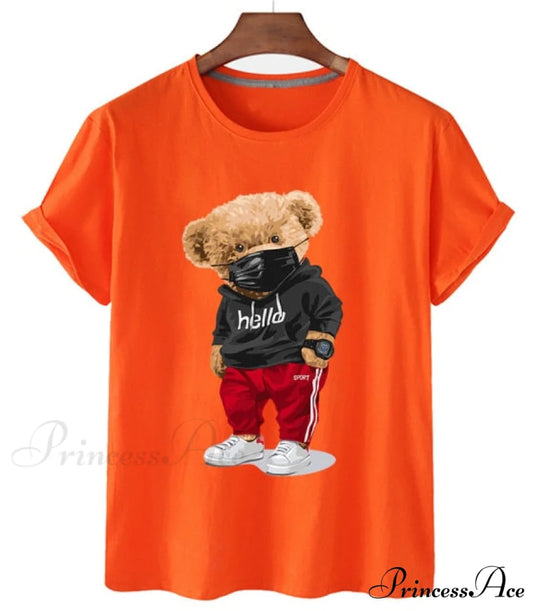 Cotton Sports Mask Bear Print Short-sleeved T-shirt Orange / S