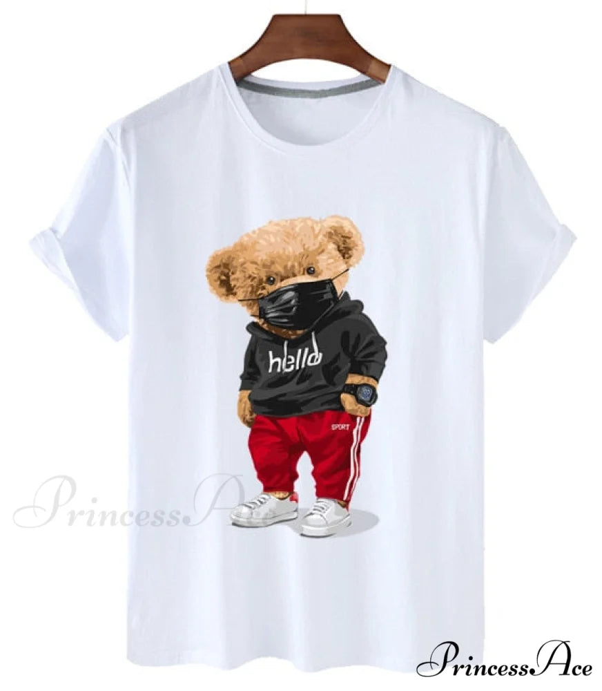 Cotton Sports Mask Bear Print Short-sleeved T-shirt white / S