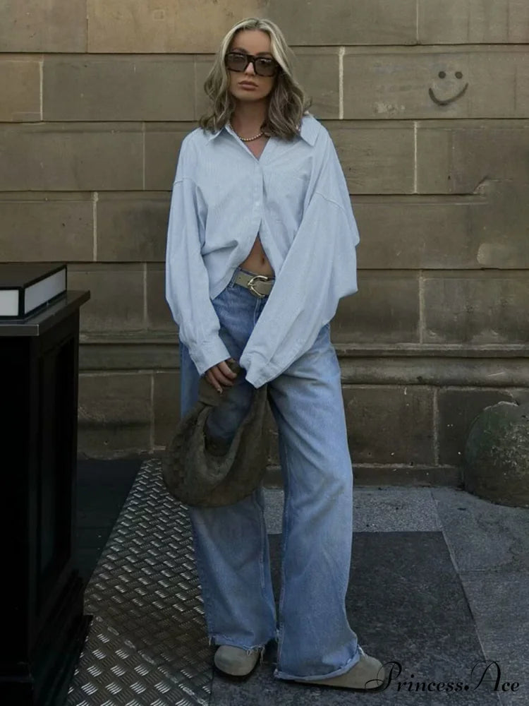 Cotton Striped Graceful Crop Shirt Blue / S