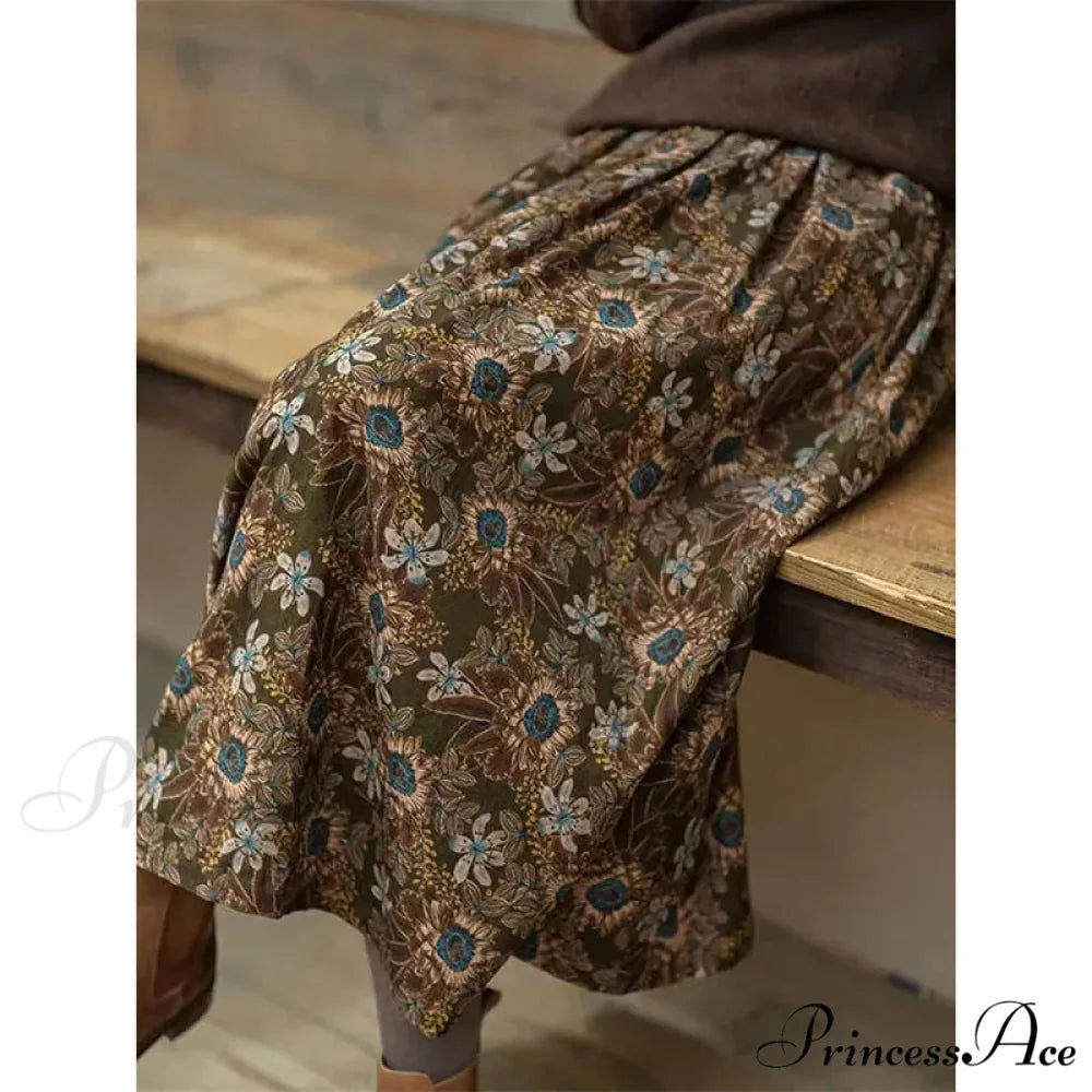 Cotton Vintage Printed Mid-Long Flowy Skirt skirt-250126