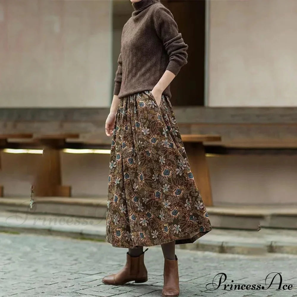 Cotton Vintage Printed Mid-Long Flowy Skirt skirt-250126