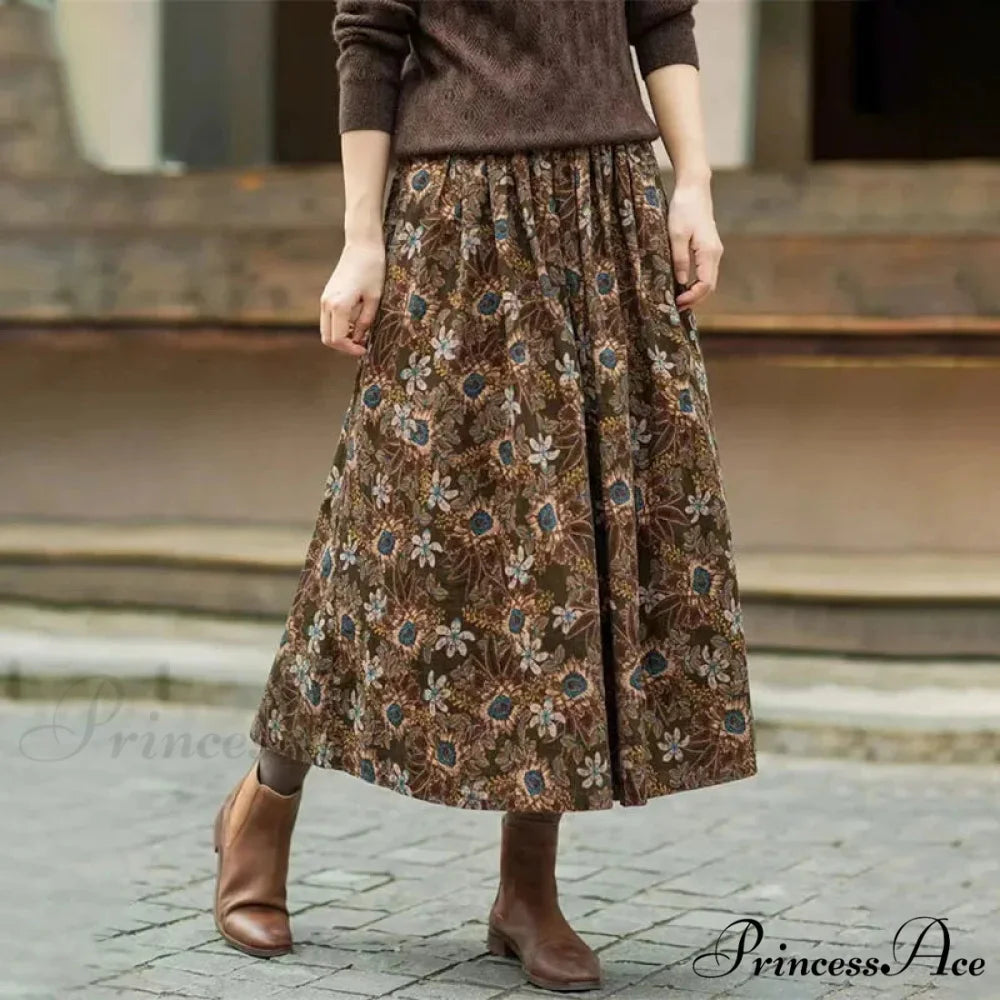 Cotton Vintage Printed Mid-Long Flowy Skirt skirt-250126