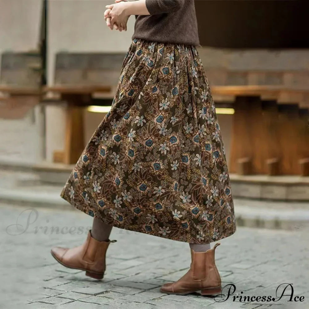 Cotton Vintage Printed Mid-Long Flowy Skirt skirt-250126