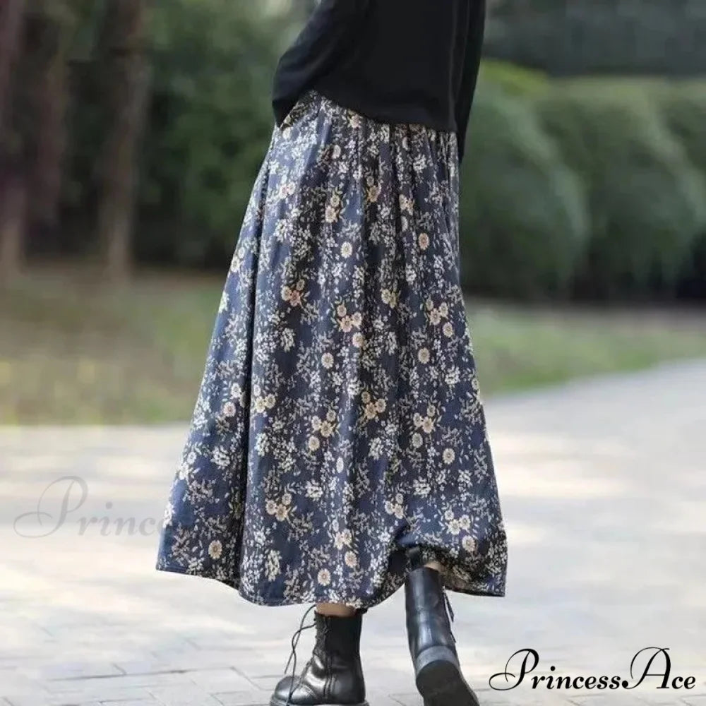 Cotton Vintage Printed Mid-Long Flowy Skirt Blue / M skirt-250126