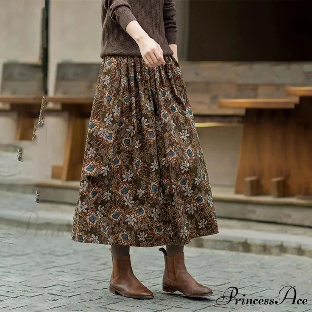Cotton Vintage Printed Mid-Long Flowy Skirt Brown / M skirt-250126