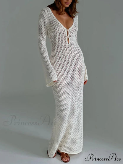 Cover Up Long Sleeve Modern Open Back Long Dress White / XS
