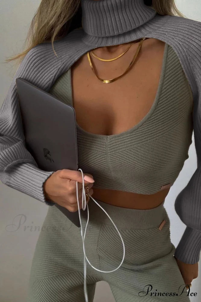 Cover-up Solid Knit Ribbed Turtleneck Sweater Grey / One Size