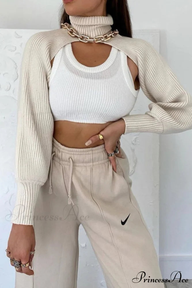 Cover-up Solid Knit Ribbed Turtleneck Sweater White / One Size