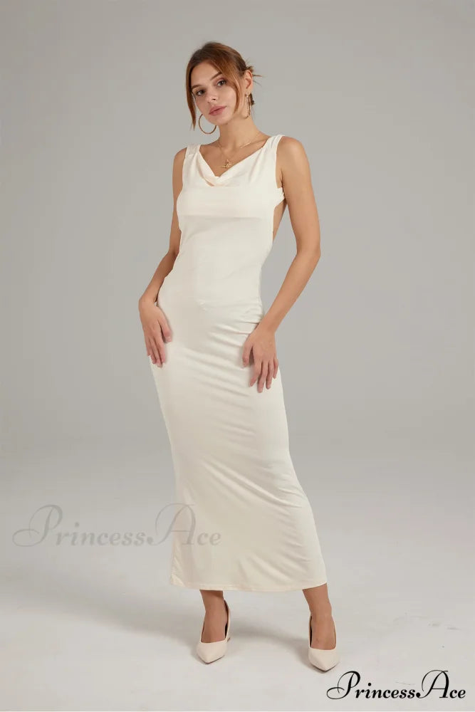Cowl Neck Backless Pack Hip Dress in Solid Color