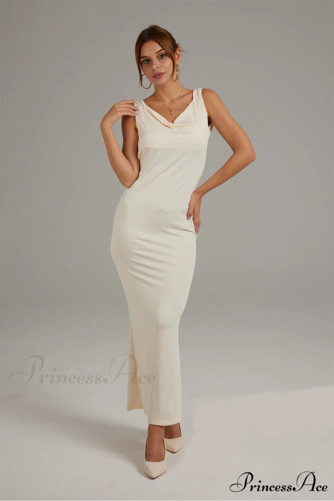 Cowl Neck Backless Pack Hip Dress in Solid Color Beige / M