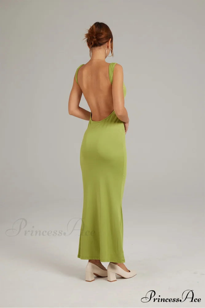 Cowl Neck Backless Pack Hip Dress in Solid Color Green / L