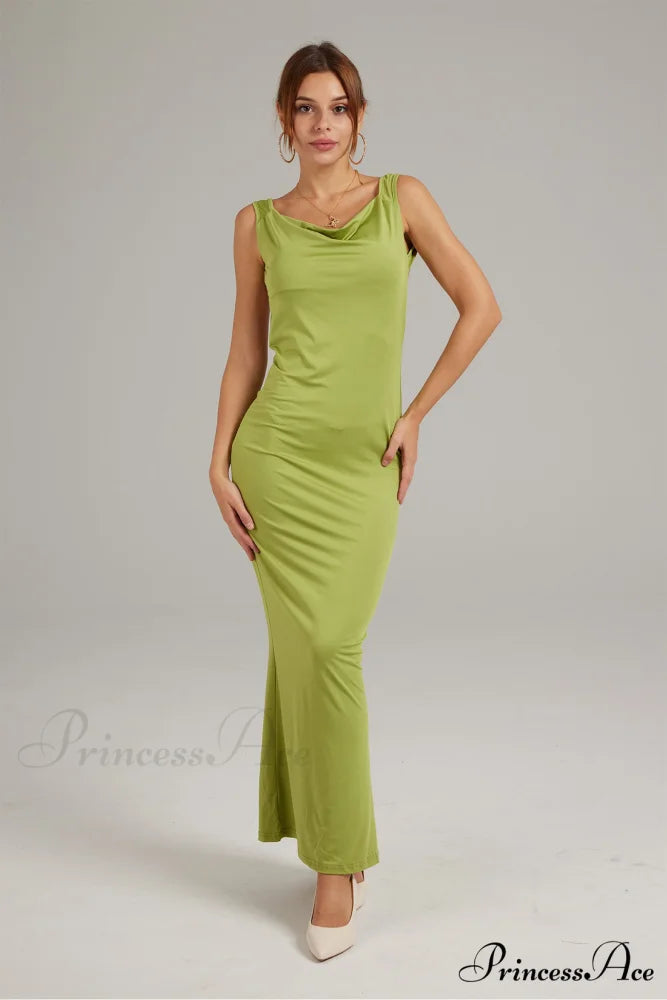 Cowl Neck Backless Pack Hip Dress in Solid Color Green / S