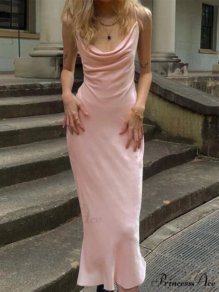 Cowl Neck Side Trendy Split Maxi Dress Pink / S