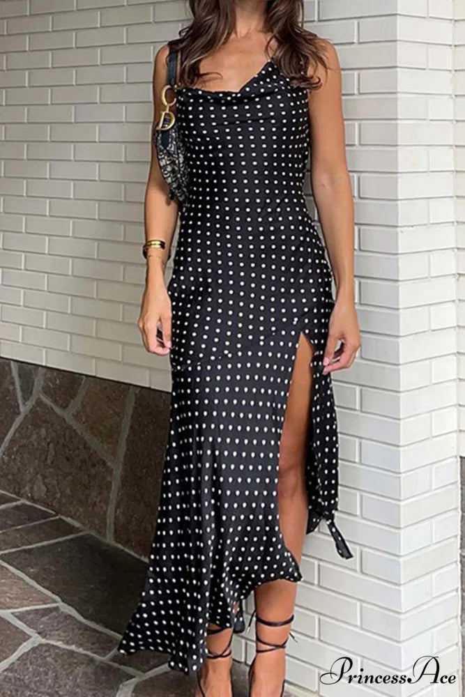Cowl Neck Slit Dress with Polka Dots Black / M