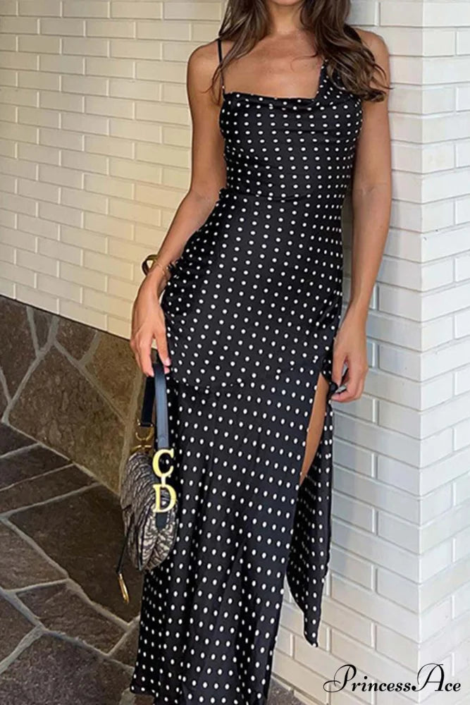 Cowl Neck Slit Dress with Polka Dots Black / S